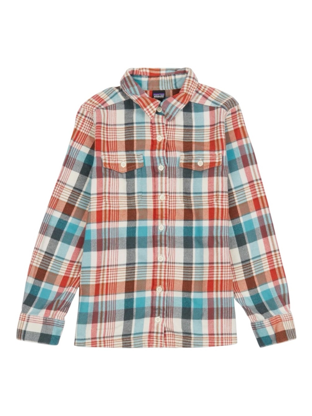 Patagonia Long-Sleeved Fjord Flannel Shirt Womens Size 10 White, Blue, Orange